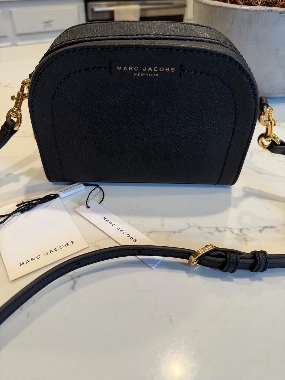Marc Jacobs Black Saffiano Crossbody Camera Bag with Gold Hardware